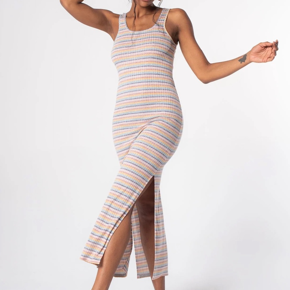 COPY - True Stripes Tank Dress rainbow multi ribbed knit slit maxi scoop neckli…